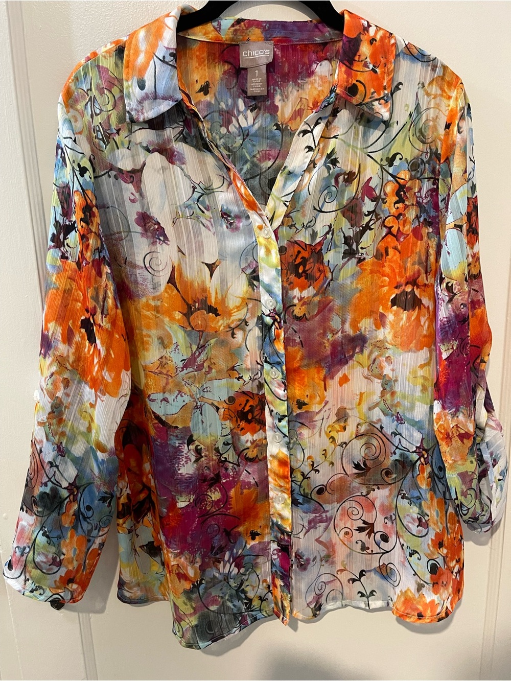 Chico's Multicolor Floral Button-Front Shirt with Orange & Purple Accents